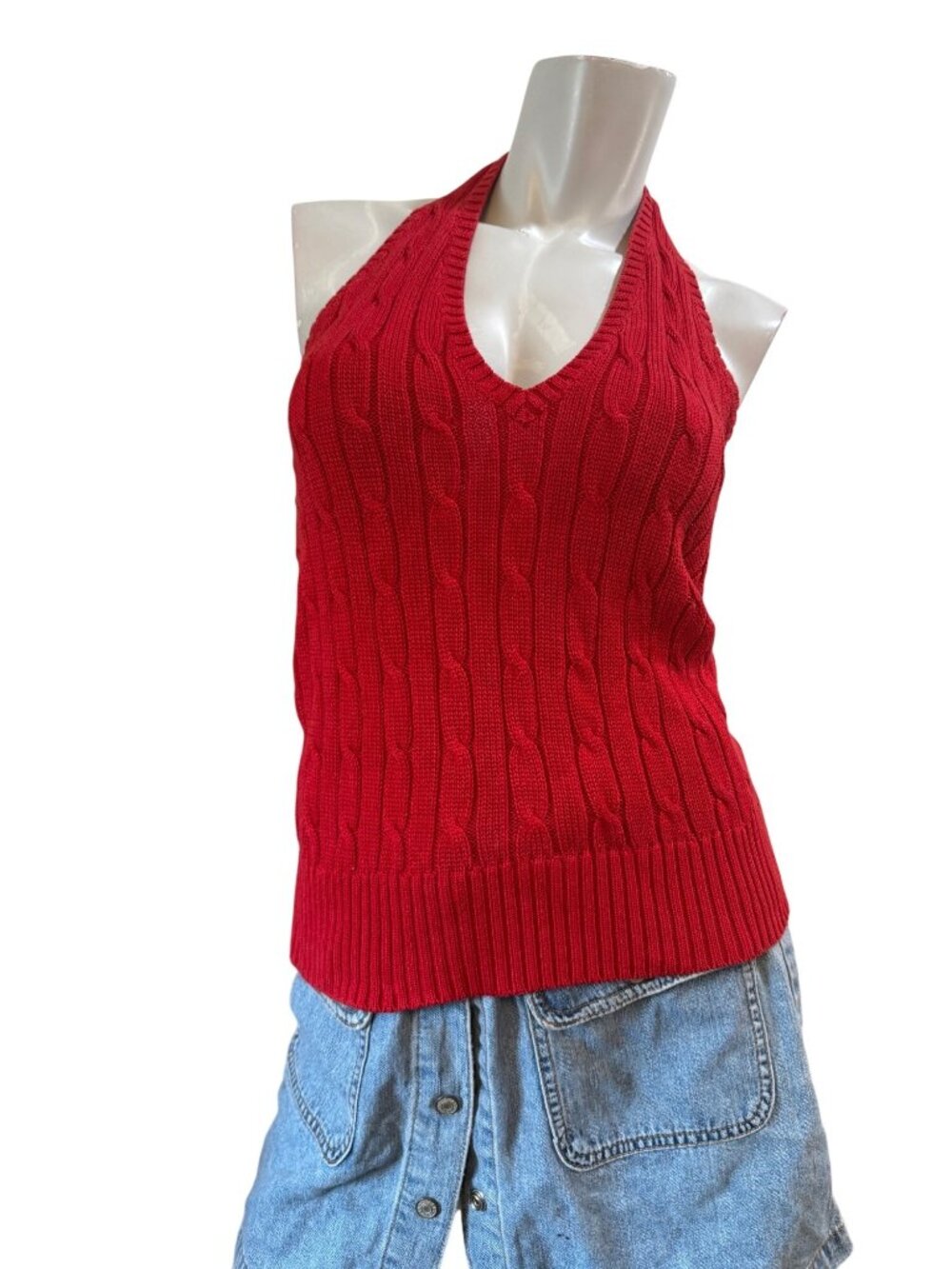 Red Cable Knit Halter Tank Chunky Texture Vintage Preppy Ralph Lauren Blue Label